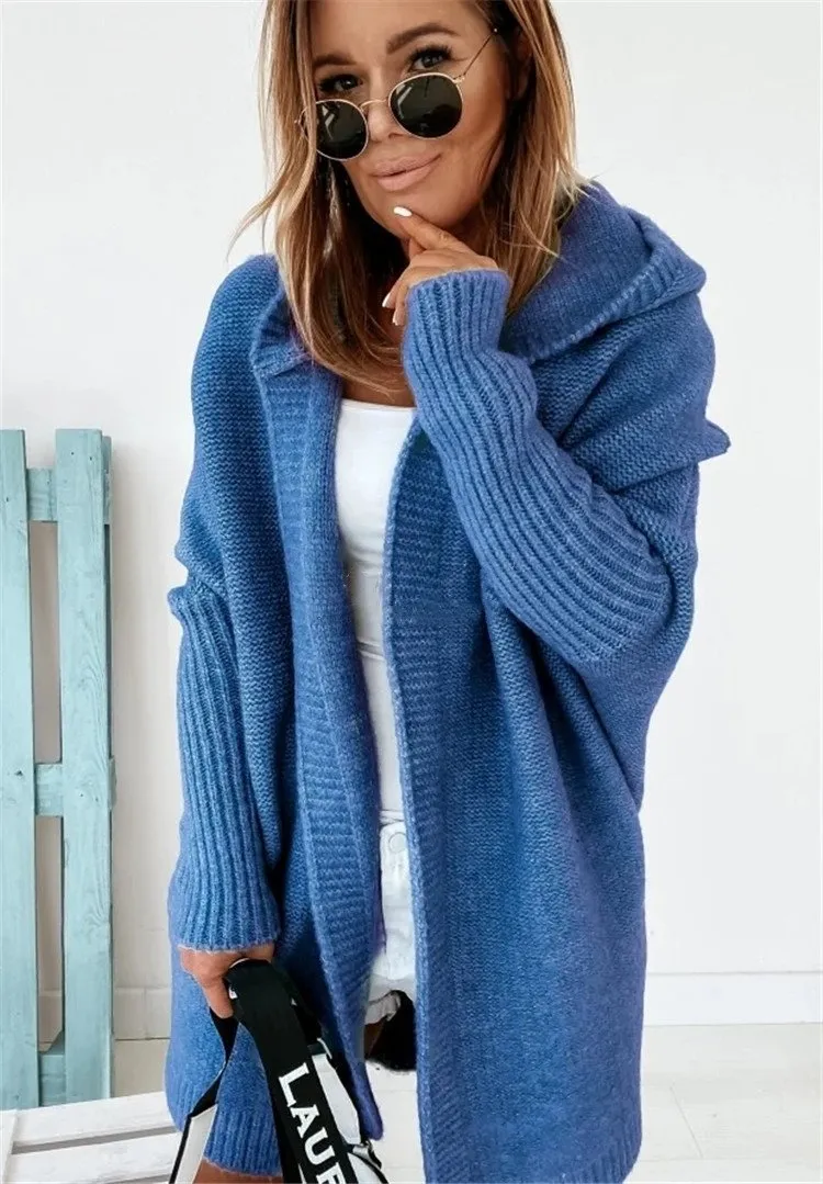 Women Knitting Batwing Sleeved Hoody Sweaters