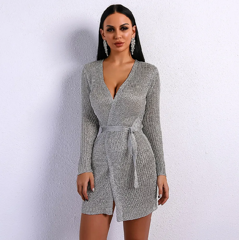 Women's Long-Sleeve V-Neck Knitted Jacket
